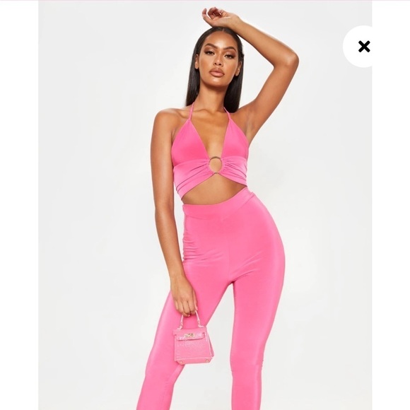 PrettyLittleThing Hot Pink Ring Detail Halterneck Crop Top Size 4 - Picture 6 of 8